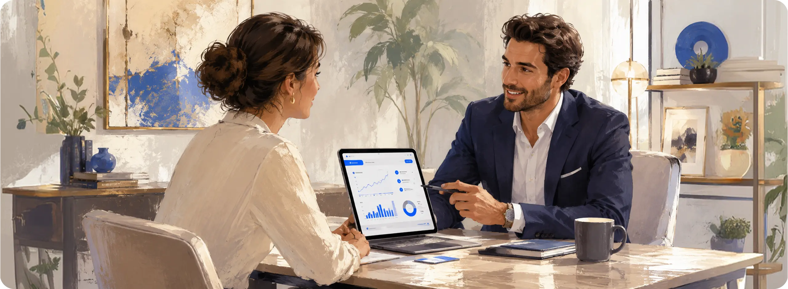 Two professionals reviewing a fintech dashboard on a laptop